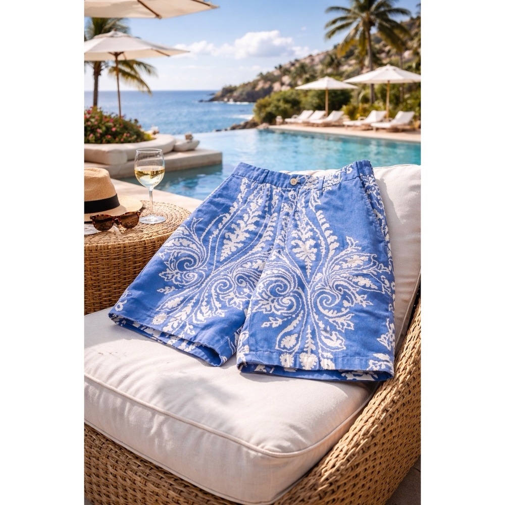 Ralph Lauren Purple Label Shorts Mens 34 Blue White Paisley Cotton Luxury Italy